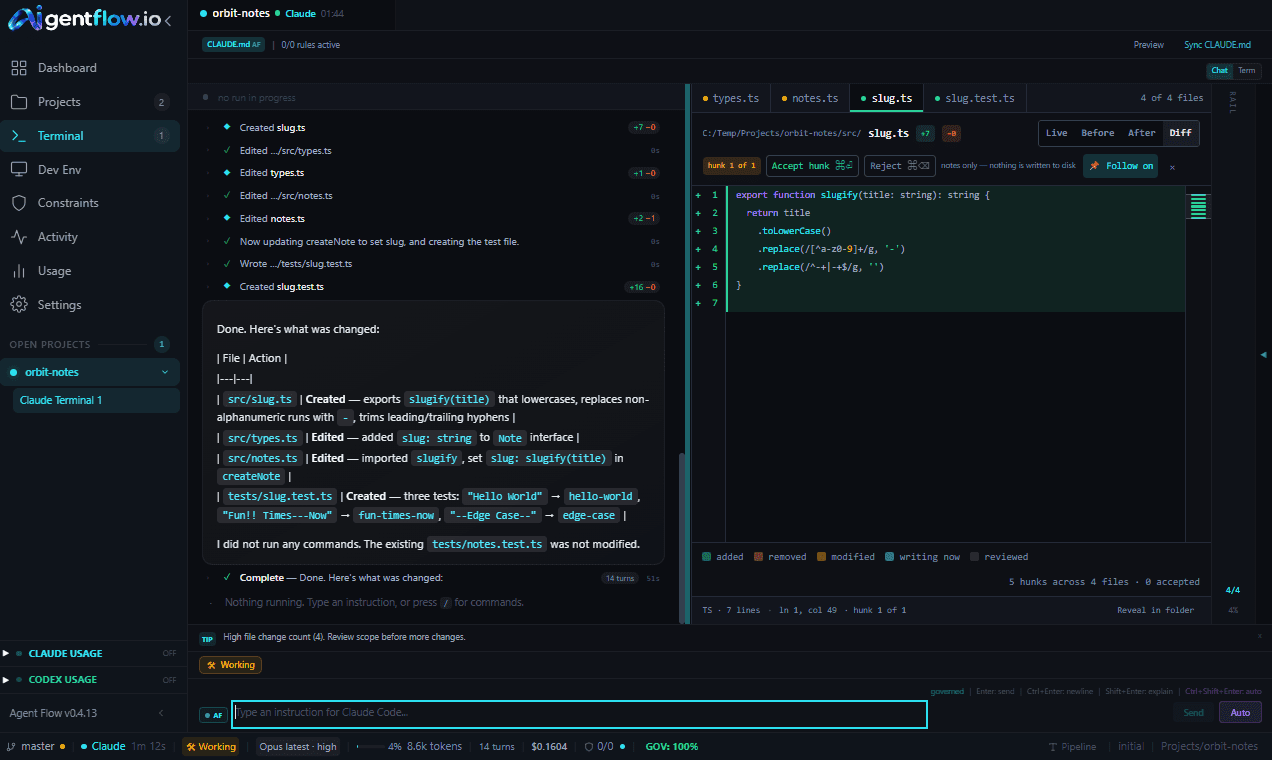 The editor open on a changed file in Diff view beside the transcript: a tab per changed file, a hunk strip reading hunk 1 of 1 with Accept hunk and Reject buttons, the note that nothing is written to disk, and a footer counting five hunks across four files