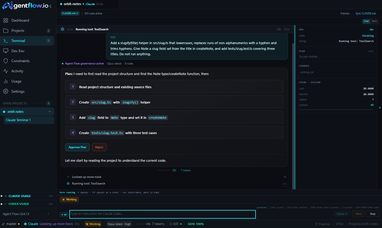 The AigentFlow session screen: an instruction at the top of the transcript, the agent’s numbered plan with Approve Plan and Reject buttons, a sticky heading showing the running tool, and a rail listing state, plan, changed files and spend